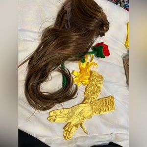 Costume Belle wig, gloves,hair ribbon, velvet rose